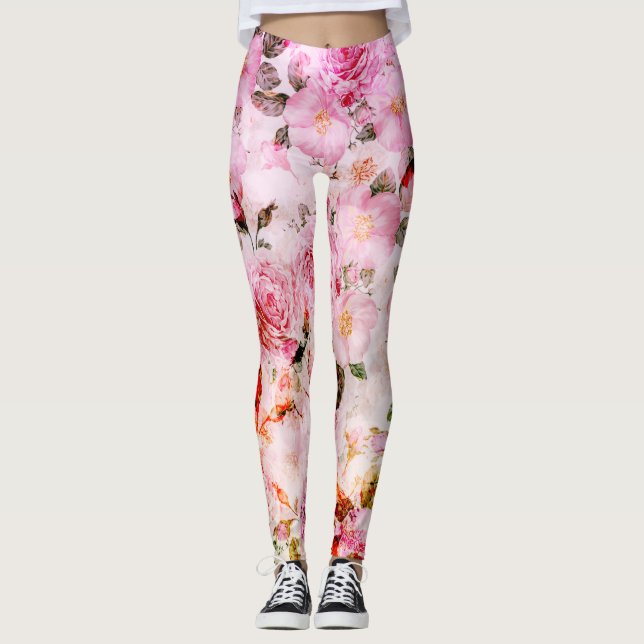 Chic Pretty Blush Pink Watercolor Roses Floral Leggings (Front)