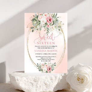 Chic Pretty Blush Rose Gold Glitter 16th Birthday Invitation