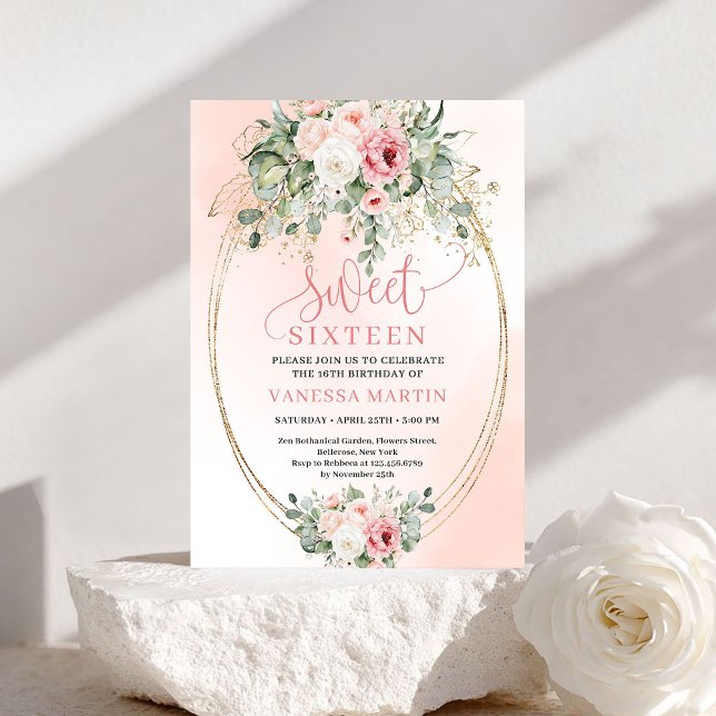Chic Pretty Blush Rose Gold Glitter 16th Birthday Invitation (Chic Pretty Blush Rose Gold Glitter 16th Birthday Invitation)