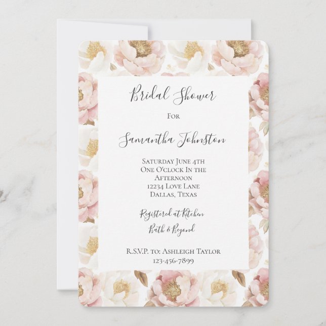 Chic Pretty Pink Gold Floral Bridal Shower Invitation (Front)