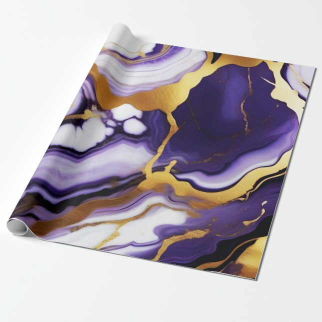Chic pretty purple gold Faux Marble  Wrapping Paper (Unrolled)