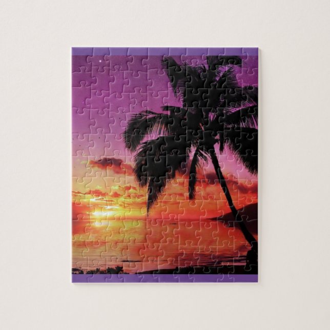 Chic Pretty Tropical Sunset Beach Scene Jigsaw Puzzle (Vertical)