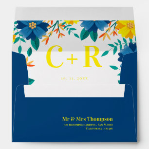 Chic Pretty Yellow Blue Floral Monogram Wedding Envelope