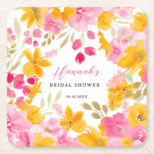 Chic pretty yellow pink floral watercolor bridal square paper coaster