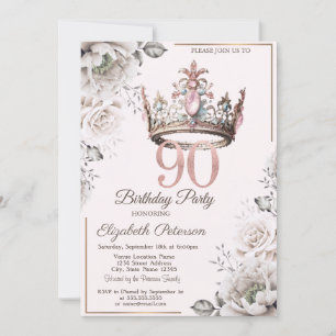 Chic Princess Crown Floral 90th Birthday Party Invitation