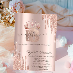 Chic Princess Crown Glitter Drips Rose Gold 18th Invitation