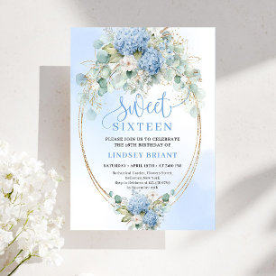 Chic Printable Blue Floral Gold Sweet 16 Birthday Invitation