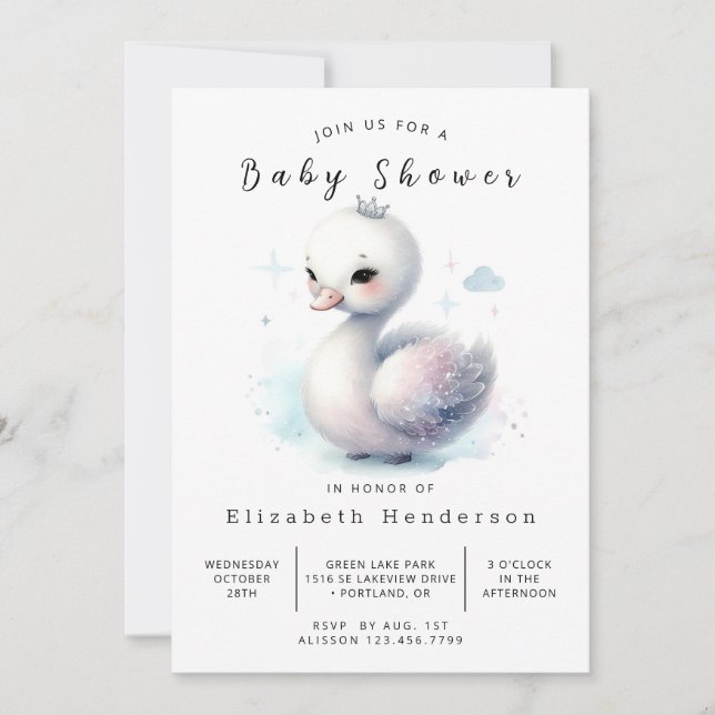Chic Printable Swan Baby Shower Invitation (Front)