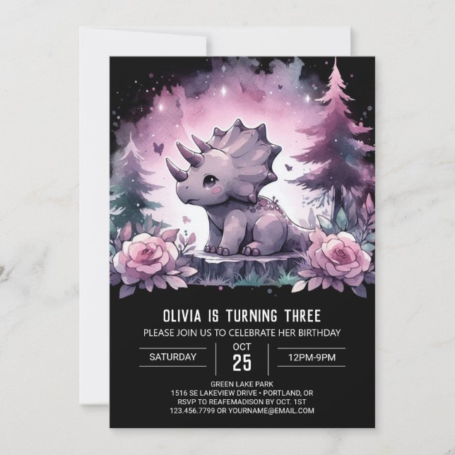 Chic Printable Triceratops Birthday Invitation (Front)