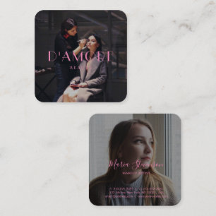 Chic Professional 2 Photos Pink Square Business Card