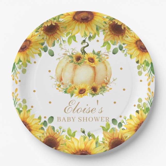 Chic Pumpkin Sunflower Baby Shower Birthday Party Paper Plate (Front)