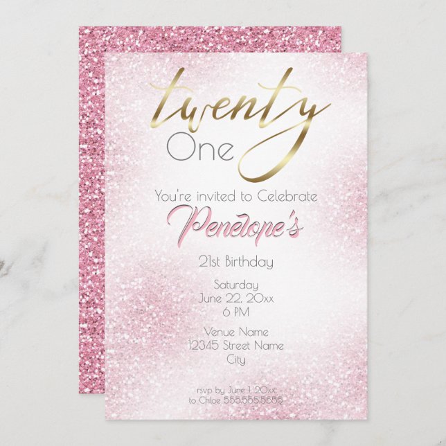 Chic Pure Pink Glitter and Gold 21st Invitation (Front/Back)