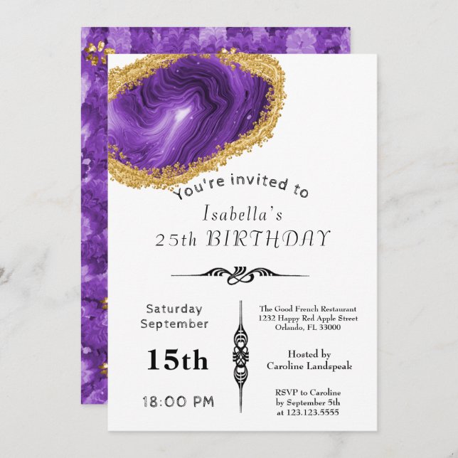 Chic Purple Agate Gold Gilded for Birthday Invitation (Front/Back)