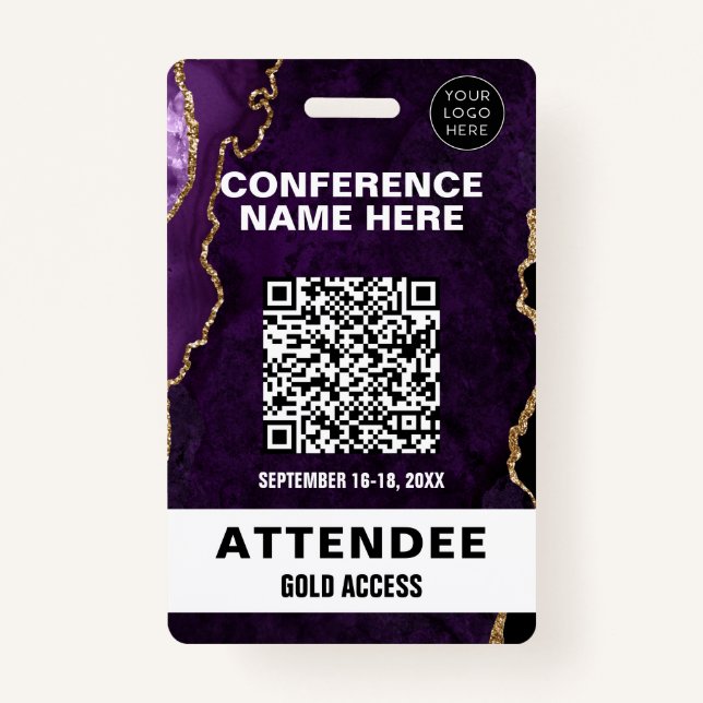 Chic Purple Agate Gold Glitter Conference Event ID Badge (Front)