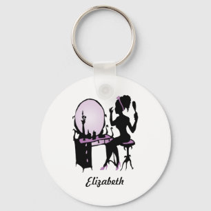 Chic Purple and Black Woman Fashionista Silhouette Key Ring