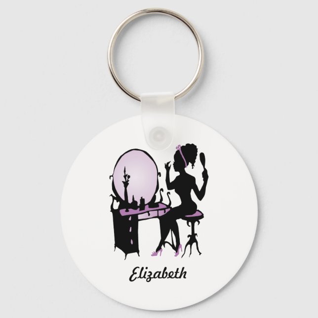Chic Purple and Black Woman Fashionista Silhouette Key Ring (Front)
