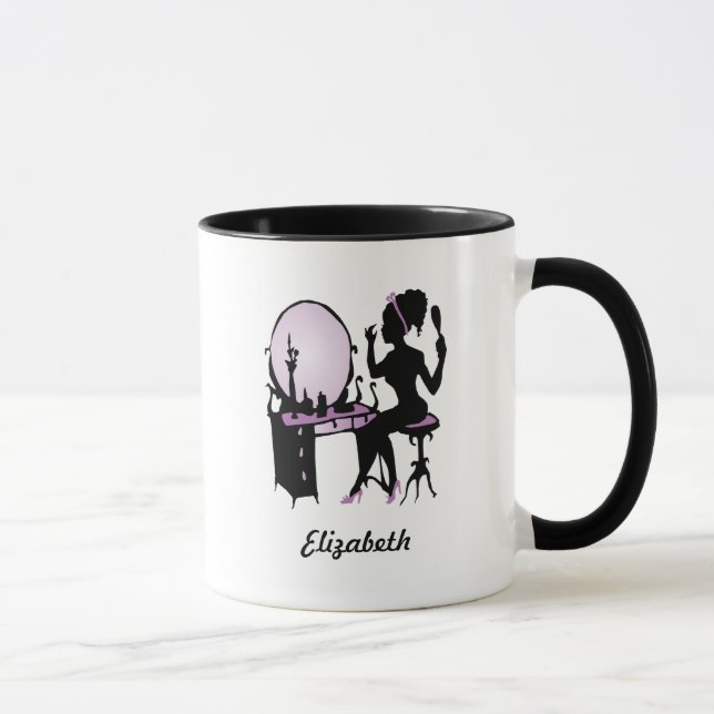 Chic Purple and Black Woman Fashionista Silhouette Mug (Right)