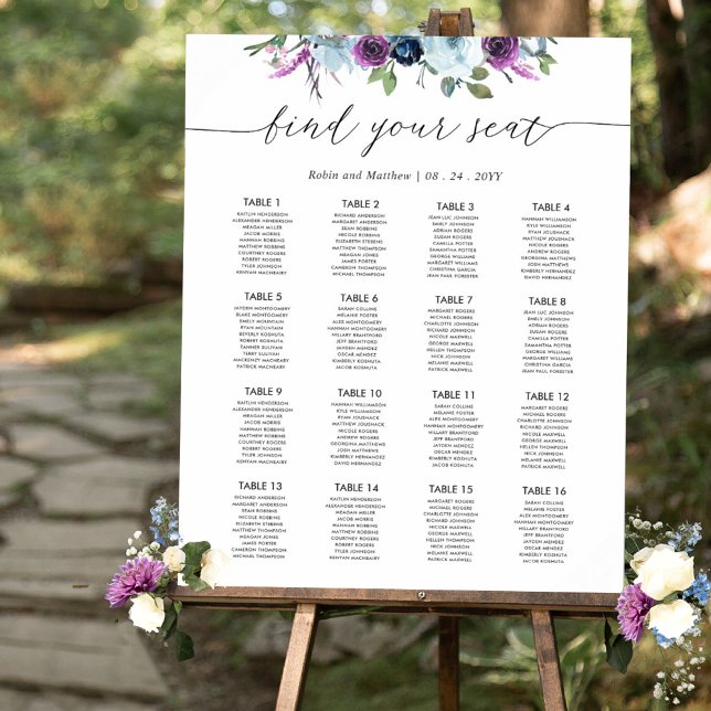 Chic Purple and Blue Wedding Seating Chart Sign (Creator Uploaded)