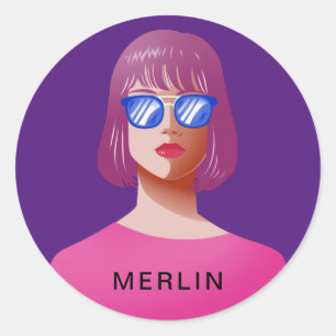 Chic purple and classy woman classic round sticker
