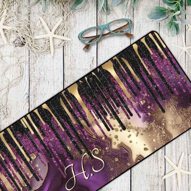 Chic purple and gold agate glitter drips monogram desk mat (Creator Uploaded)