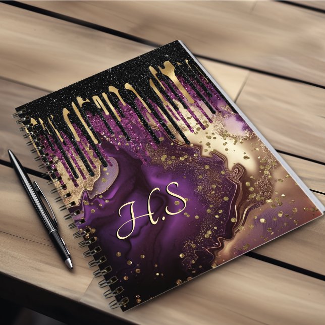 Chic purple and gold agate glitter drips monogram notebook (Creator Uploaded)