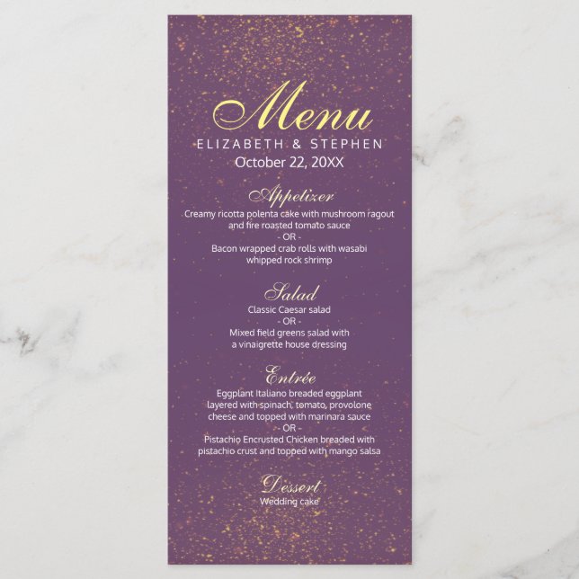 Chic Purple and Gold Glitter Sparkle Wedding Menu (Front)