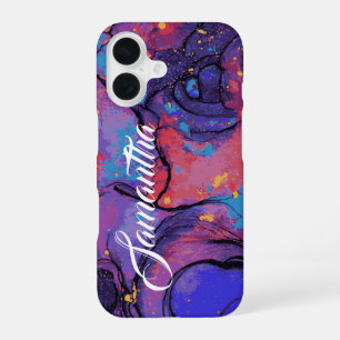 Chic Purple and Pink Marble Personalised Name iPhone 16 Case