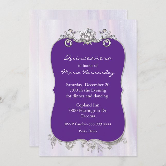 Chic Purple and Silver Quinceañera Invitation (Front/Back)