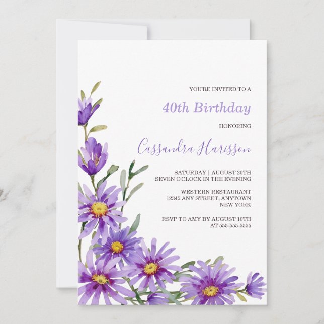 Chic Purple Aster Floral Birthday Invitation (Front)