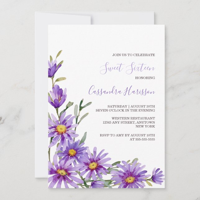 Chic Purple Aster Floral Greenery Birthday Invitation (Front)