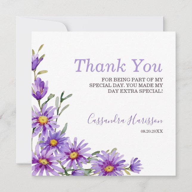 Chic Purple Aster Floral  Thank You Card (Front)