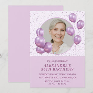 Chic Purple Balloons Photo 96th birthday Invitatio Invitation