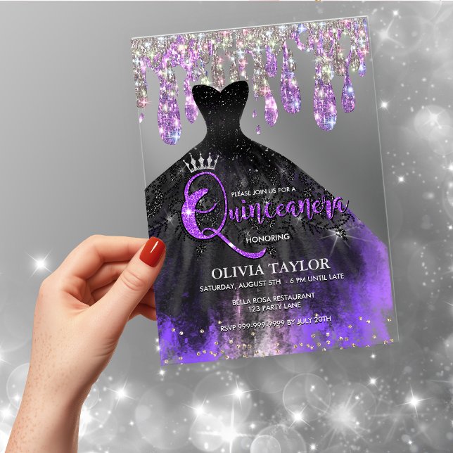 Chic purple black crystal drips Quinceanera  Acrylic Invitations (Creator Uploaded)