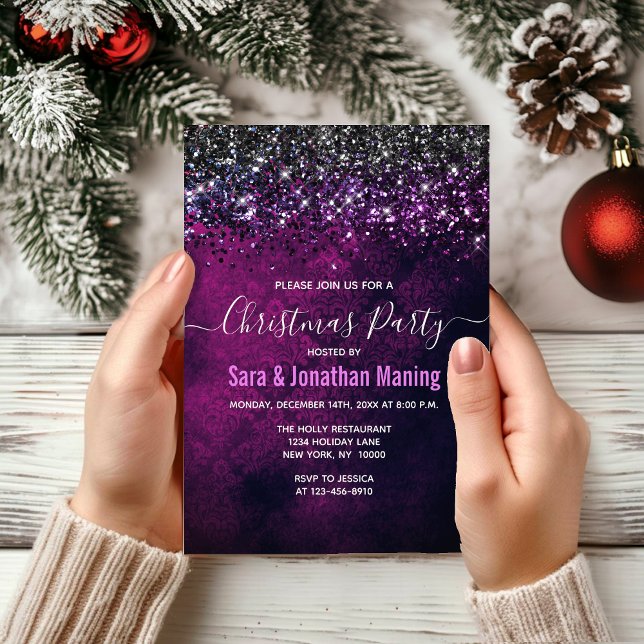 Chic purple black silver drips glitter Christmas  Invitation (Creator Uploaded)