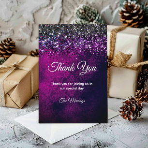 Chic purple black silver drips glitter thank you card