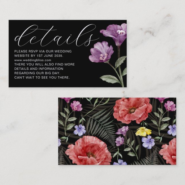 Chic purple & Black Wildflower Wedding Details Enc Enclosure Card (Front/Back)