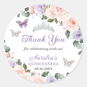 Chic Purple Blush Floral Butterflies Silver Quince Classic Round Sticker