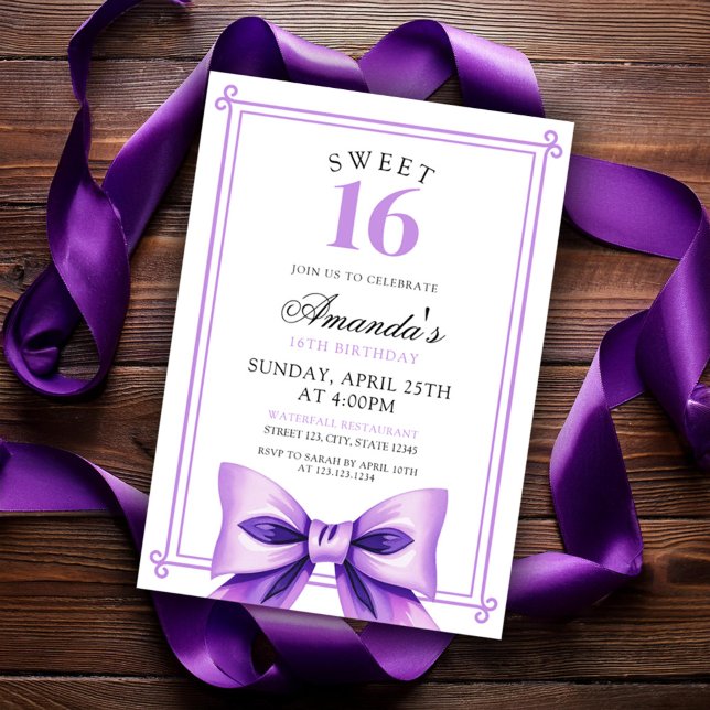 Chic Purple Bow Coquette Girl Sweet 16 Birthday Invitation (Creator Uploaded)