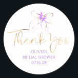 Chic Purple Bow Favors Bridal Shower Thank You  Classic Round Sticker<br><div class="desc">Add a Touch of Charm with These Elegant Light Purple Bow Thank You Stickers. Looking to give your party favors and gifts that perfect finishing touch? These lavender and gold bow thank you stickers are just what you need! Featuring a beautiful watercolor bow paired with graceful, handwritten-style script, they bring...</div>