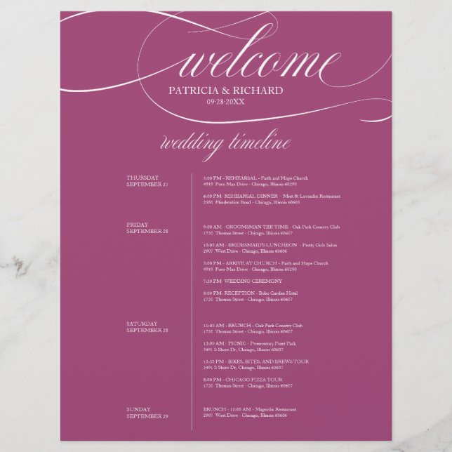 Chic Purple Cassis 4 Days Wedding Itinerary (Front)
