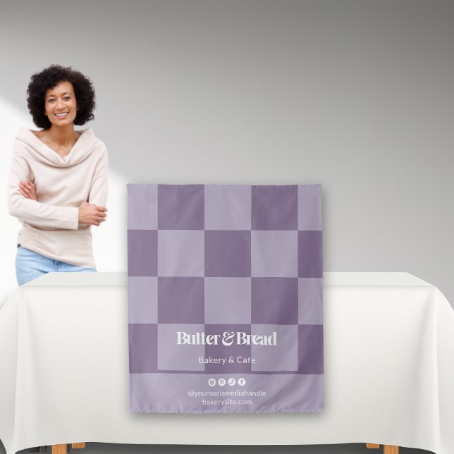 Chic Purple Checker Bakery Logo Event Table Runner Tapestry (Creator Uploaded)