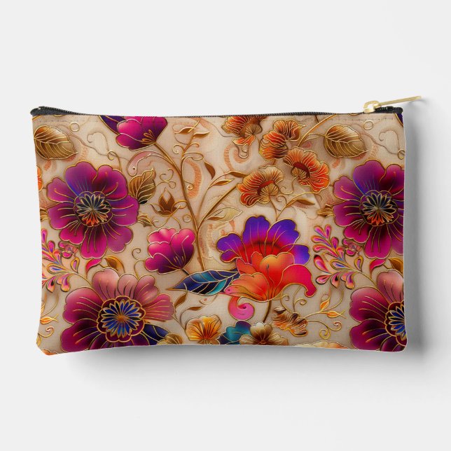 Chic purple cream floral pattern  accessory pouch (Back)