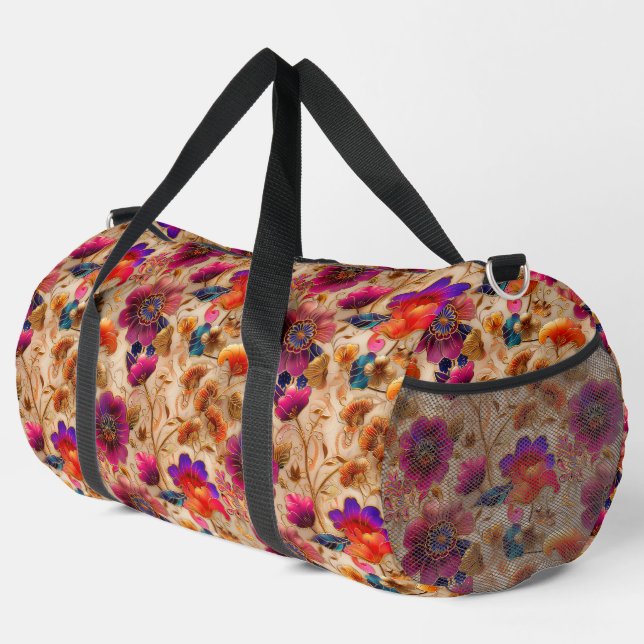 Chic purple cream floral pattern  duffle bag (Right Corner)