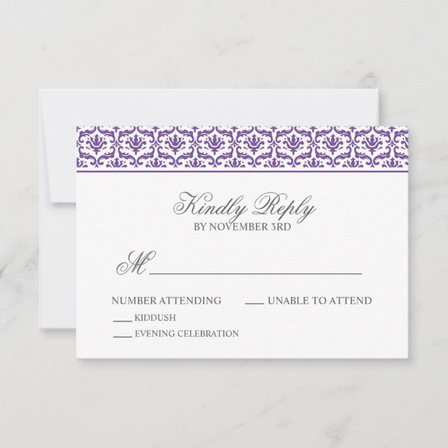 Chic Purple Damask Bat Mitzvah RSVP Card (Front)
