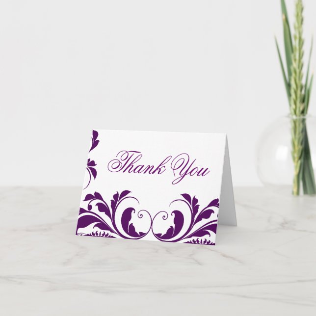 Chic Purple Damask Flourish Thank You Note Cards (Front)
