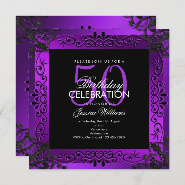 Chic Purple Decorative Framed 50th Birthday Invitation (Front/Back)
