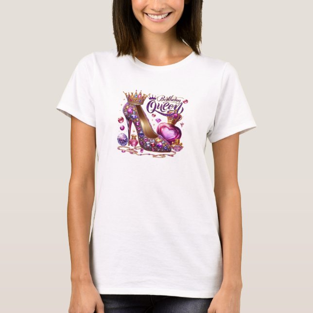 Chic purple diamond high heel birthday queen  T-Shirt (Front)
