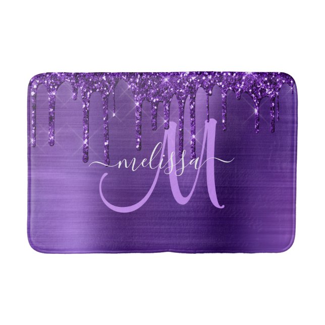 Chic Purple Dripping Glitter Brush Metal Monogram Bath Mat (Front)