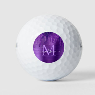Chic Purple Dripping Glitter Brush Metal Monogram  Golf Balls