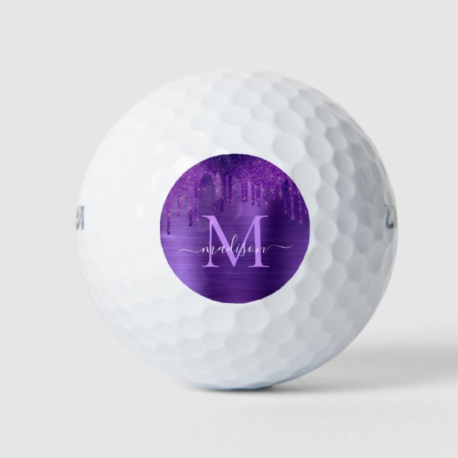 Chic Purple Dripping Glitter Brush Metal Monogram  Golf Balls (Front)